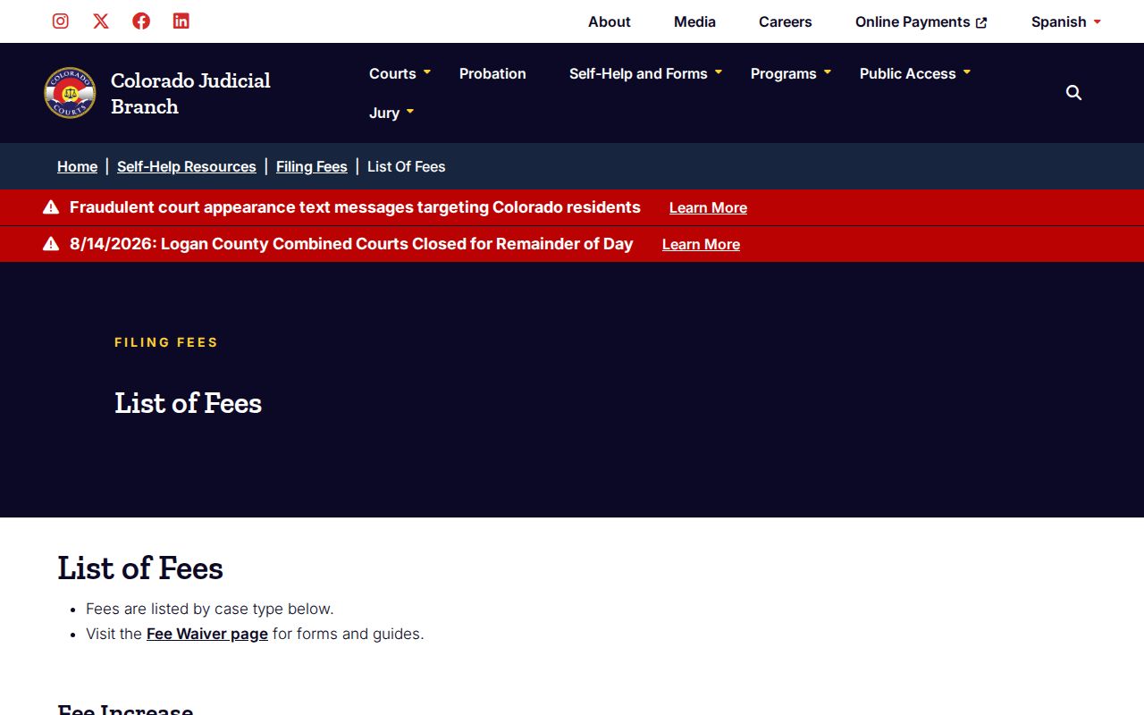 Colorado fee list for Lake County criminal docket records