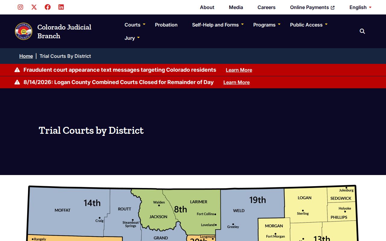 Colorado district map for Lake County criminal docket searches