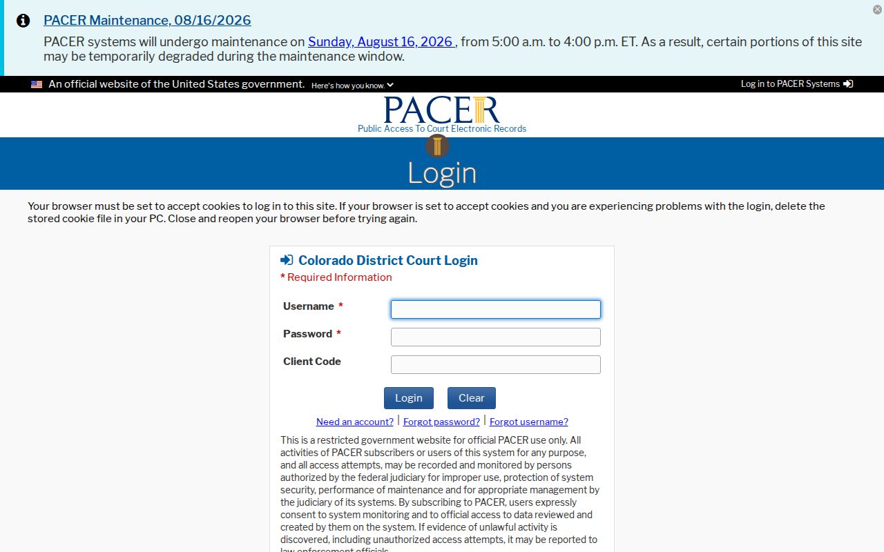 Lake County federal court record query through District of Colorado PACER