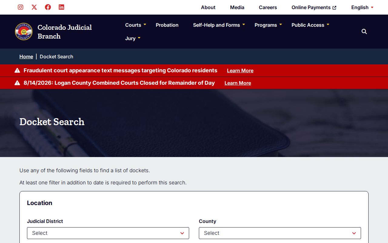 Lake County court docket search controls on the Colorado Judicial Branch site